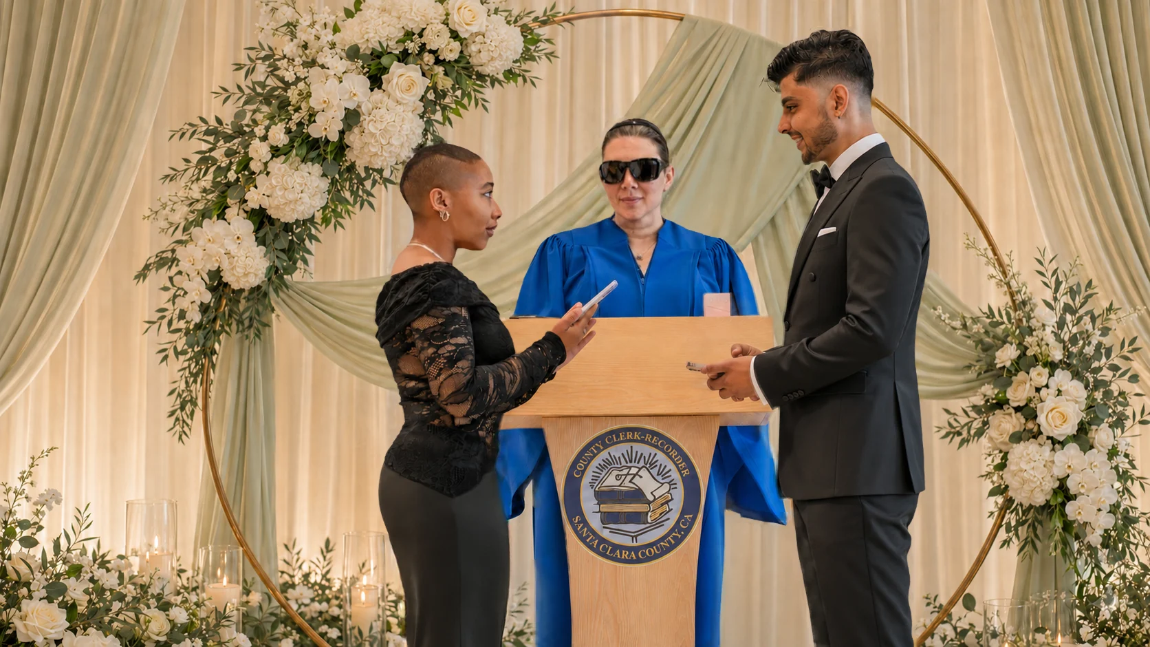 Jade reading her vows to Akshat inside the wedding chapel