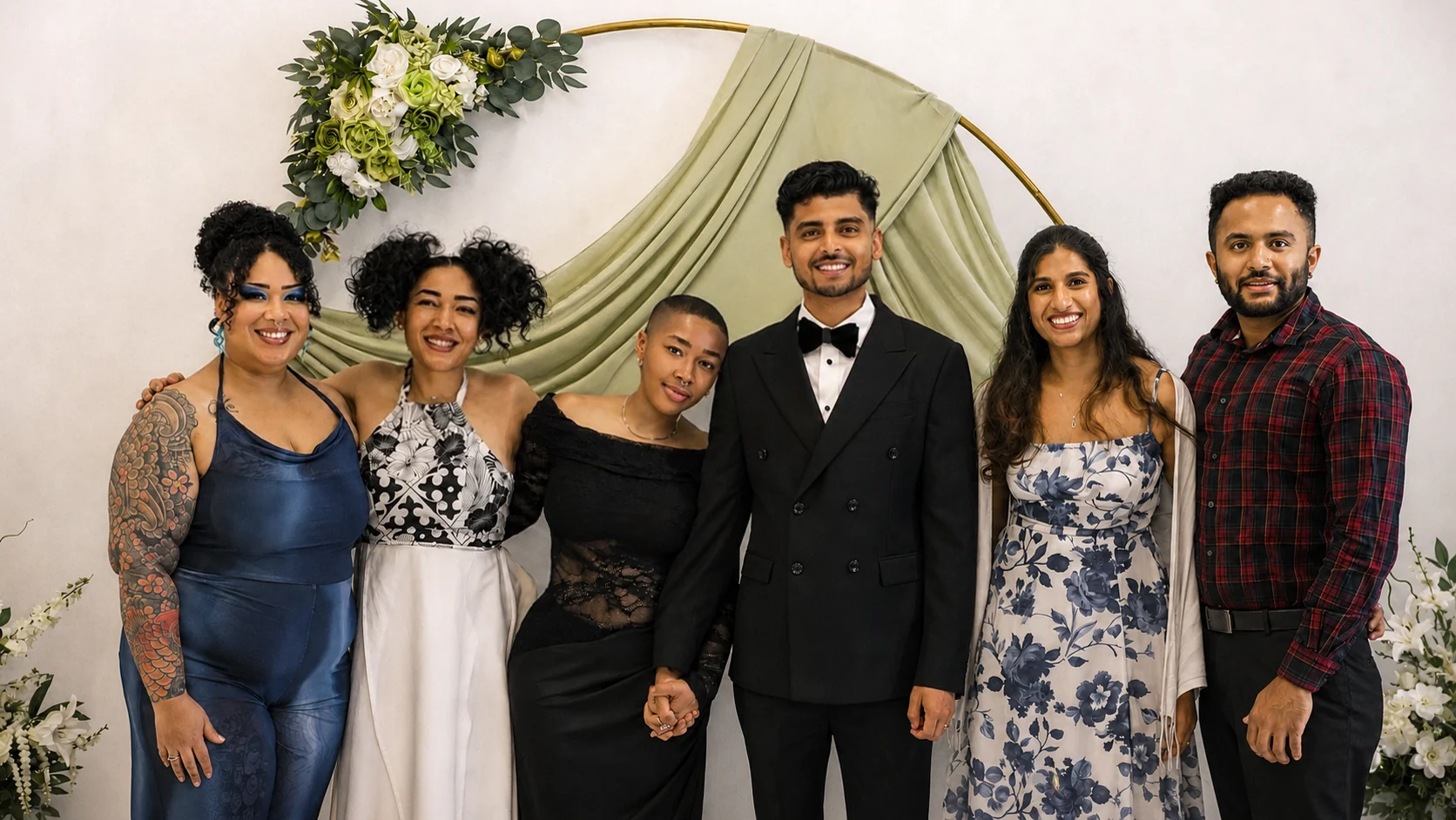 Akshat and Jade standing with their family inside the wedding chapel