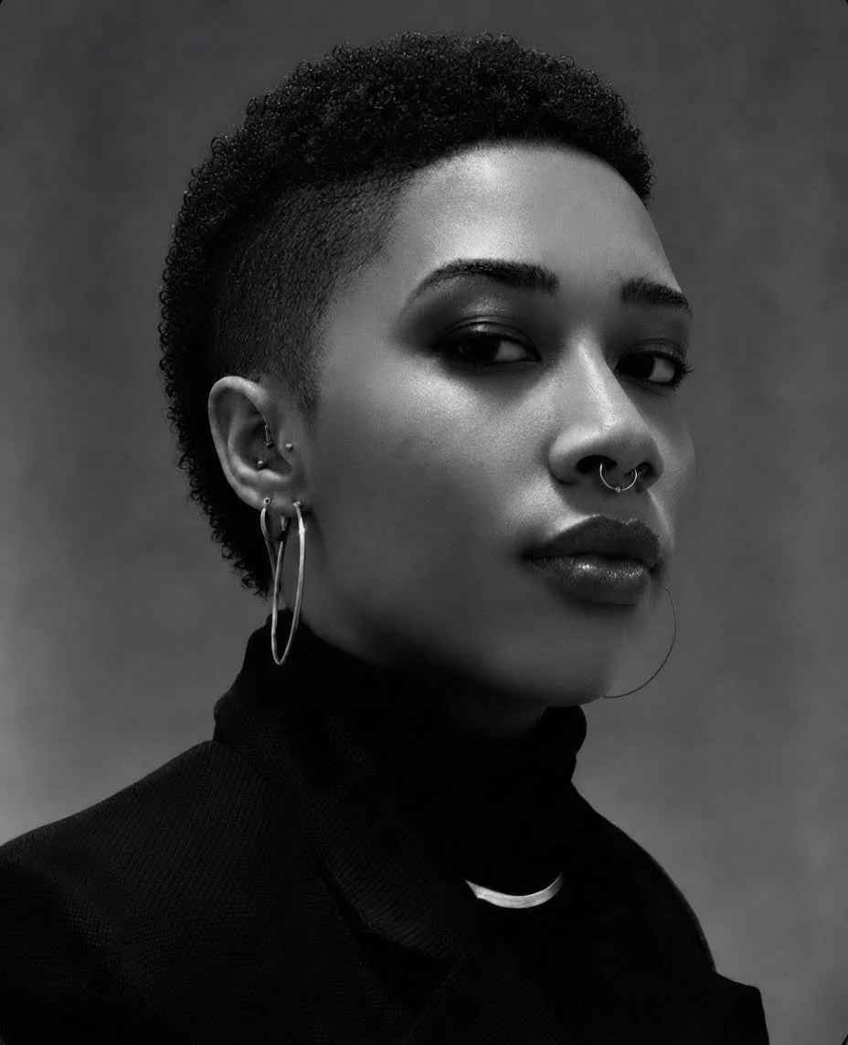 A monochrome portrait of Jade